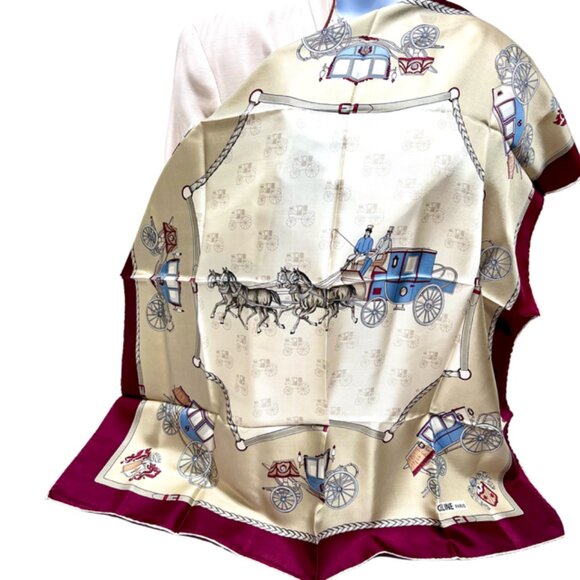 Unused Celine Paris Scarf  100% Silk  34" Gold Tan Brgendy Carriage Horses (39) - Picture 2 of 13